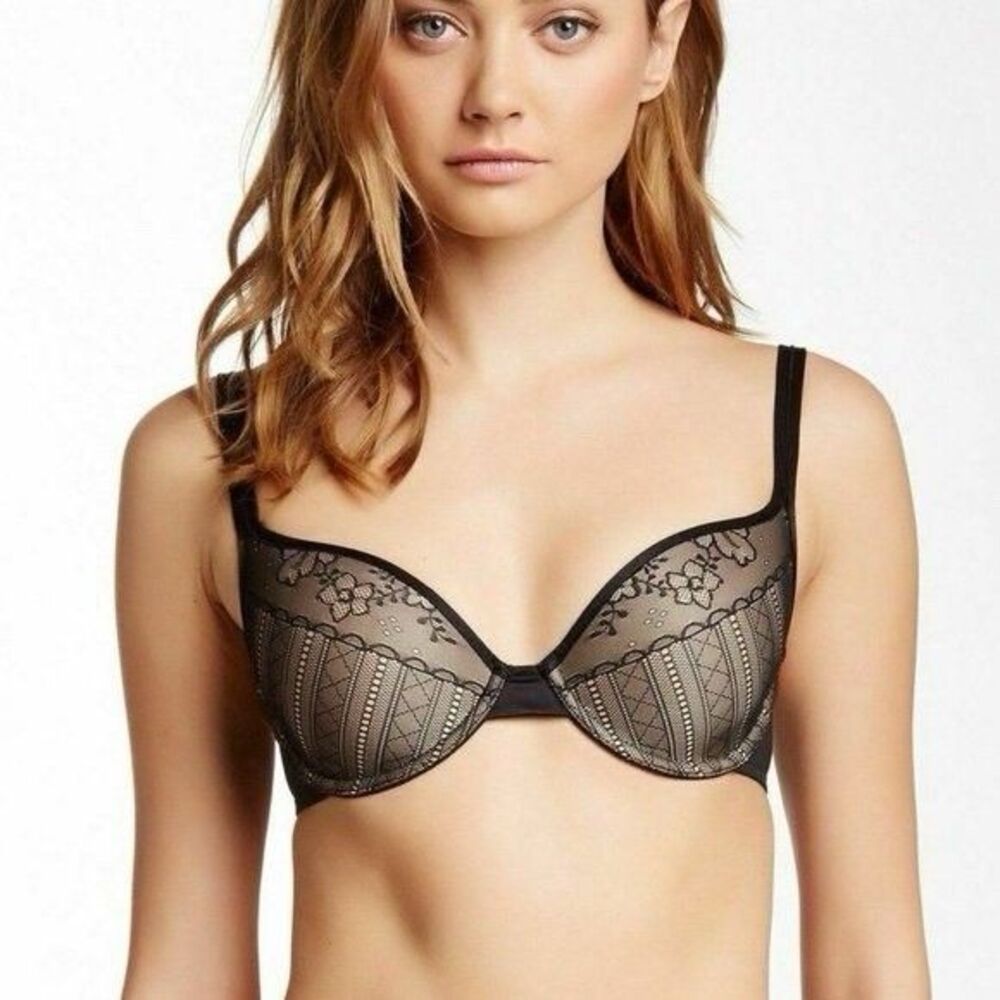 Wacoal Finishing Touch Contour Bra Lace Black Nude Size 34DD GUC!!